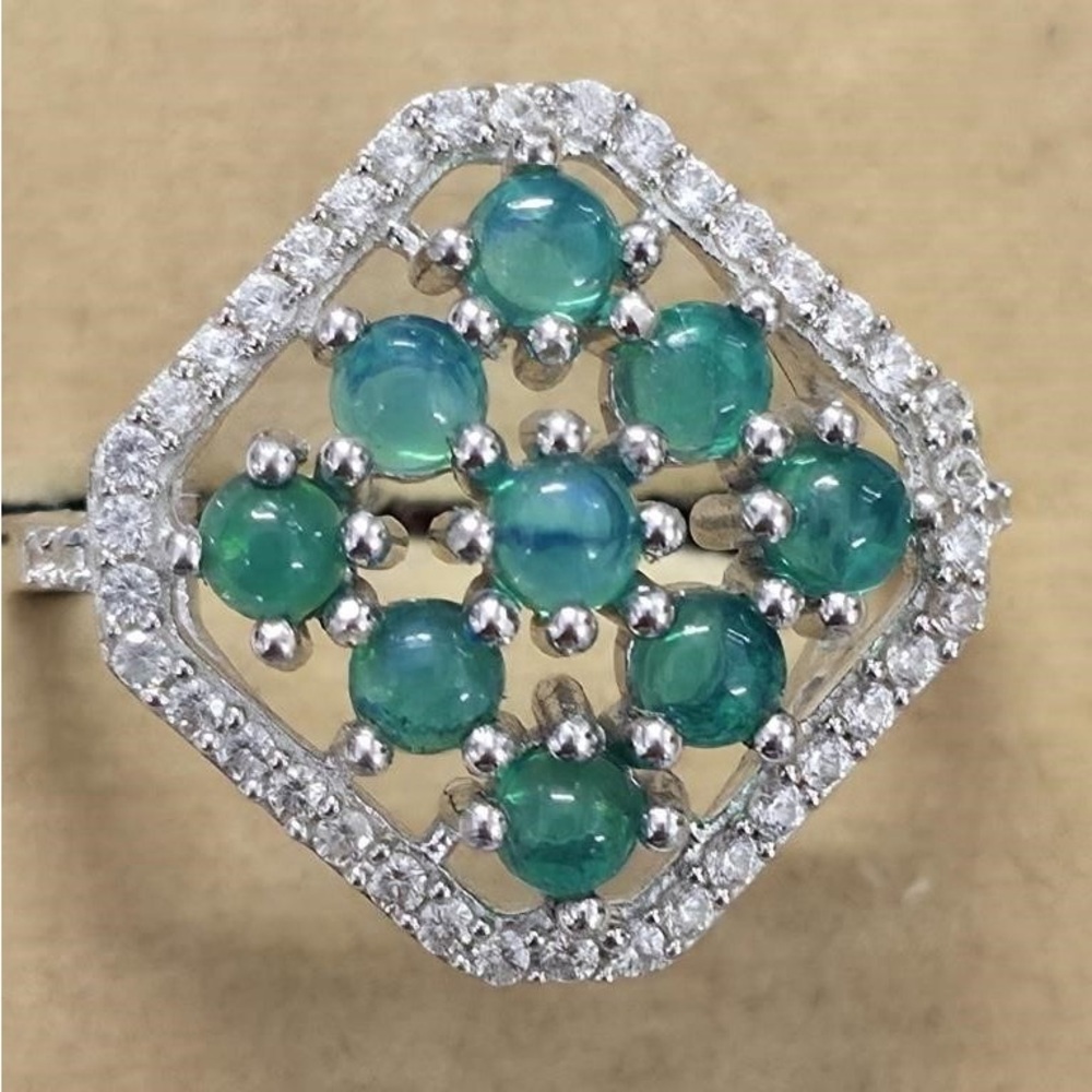 Sterling Silver 925 Opal & White Topaz Cluster Ring | Rhodium Plated | Size 8 💍